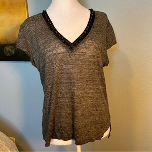 GENERATION LOVE Charcoal V-Neck Linen Tee with Stud Accents - S